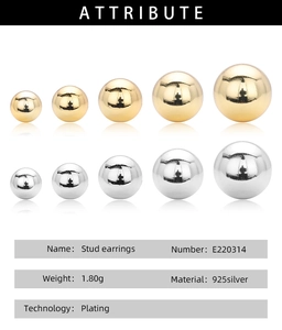 Detailed size chart of S925 sterling silver ball stud earrings in gold and silver plating