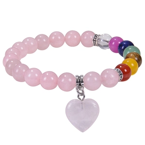 Natural Stone Bead Bracelet With Heart Pendant 7 Chakra Energy Stone Healing Beaded Bracelet For Women Bohemian Jewelry Gift