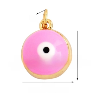 Macro detail of 12mm pink evil eye charm pendant with dimensions and weight data