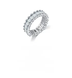 Detailed shot of S925 sterling silver eternity band with emerald-cut cubic zirconia stones