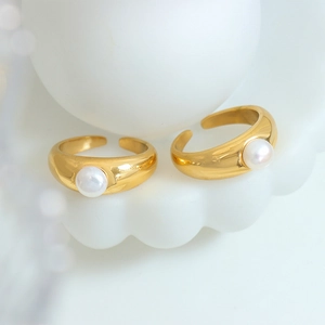 Minimalist French style adjustable gold rings with white freshwater pearls for women