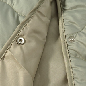 Fashionable sage green quilted round neck cotton jacket with metal snap button details