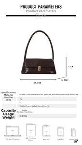Guida alle taglie per borsa baguette con dimensioni di 24,5 cm e dettagli del materiale PU