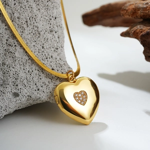 18K gold stainless steel heart locket necklace with zircon stones on a snake chain