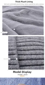 Detail view of thickened fleece lining and coarse knit texture of the gray winter hat