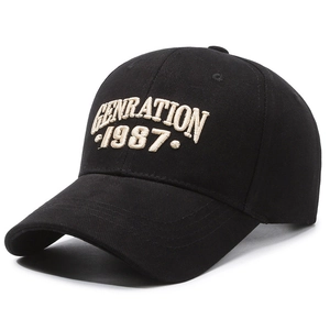Black baseball cap with 1987 embroidery, professional 45-degree side view for outdoor sun protection