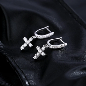 Sparkling D color moissanite 925 silver cross drop earrings with pavé stones