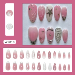 Summer starry sky press on nails set with silver 3D stars and spiral textures
