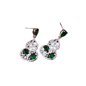 Elegant silver gourd earrings with green emerald zircon, pearls and sparkling crystals