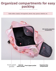 Pink iridescent travel bag featuring dry wet separation pocket and independent shoe compartment
