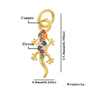 Detailed macro view of a 17.8mm gold gecko pendant with colorful zircon and copper inlay