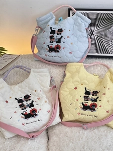 Sac À Épaule Matelassé Avec Broderie Chat Noir Matelassage En Forme De Cœur Grande Capacité Sac Cabas Pour Femmes