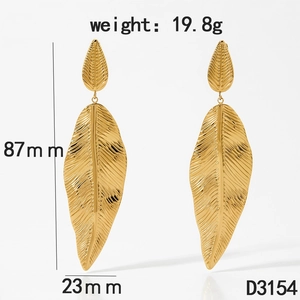Statement golden stainless steel leaf earrings with vintage layered design and sizing info