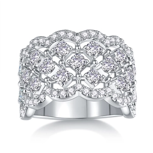 Exaggerated lace sterling silver ring with wide hollow design and moissanite stones