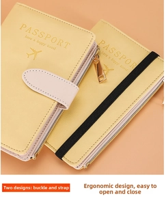 Detail of RFID yellow leather passport cover with elastic band and metal buckle closures