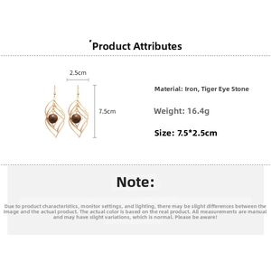 Technical specifications of leaf-shaped tiger eye stone earrings with metal dimensions