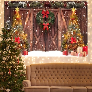 Christmas Photography Backdrop Cloth Polyester Barn Door Wreath Pattern Festive Party Decoration Studio Props