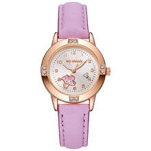 Close-up of My Melody dial with sparkling rhinestones and pink leather strap