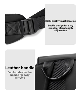 Detail of durable buckle and reinforced leather handle on waterproof oxford backpack