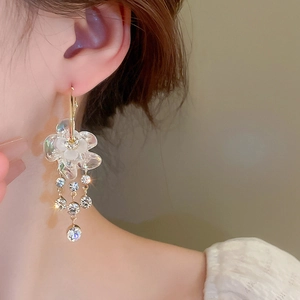 Dettaglio di orecchini a fiore trasparente con nappe di strass brillanti su perni in argento