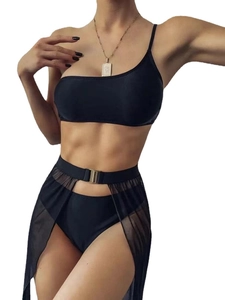 Three-piece black bikini set with one-shoulder top, high waist bottom and mesh skirt