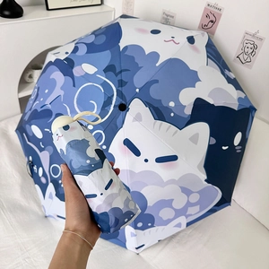Foldable cartoon cat umbrella in blue and purple, compact portable sun and rain protection