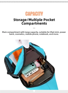 Macro view of blue and orange multi-pocket sling bag showing large storage capacity