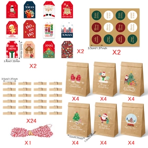 24-set Christmas kraft paper gift bags with advent calendar tags stickers and wooden clips