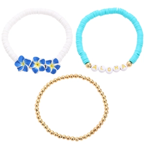 Set di 3 braccialetti da spiaggia con fiori di frangipane blu, lettere ALOHA e grani d'oro