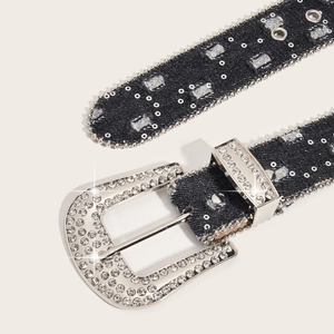 Black denim belt with large silver rhinestone buckle and sequin details for women