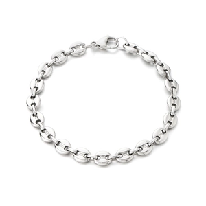 Silver stainless steel pig nose coffee bean link bracelet with secure lobster clasp