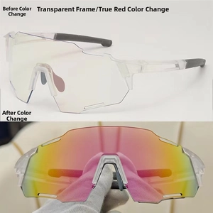 Detail of photochromic cycling sunglasses showing red-gold lens color change on clear frame