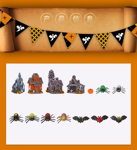 Halloween miniature set featuring resin ghost houses, tiny pumpkins, spiders, and bats