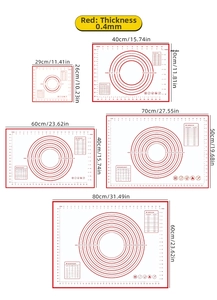 Detailed size chart for red silicone baking mat showing five different scale measurements