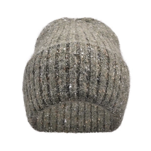 Close-up of olive green chunky knit beanie with textured vertical stripe patterns