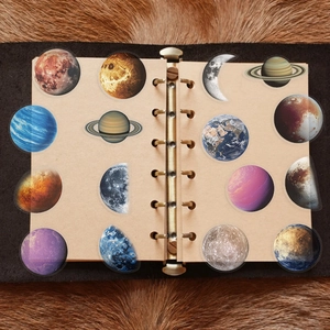 Close-up of decorative planet stickers on a vintage leather journal with plush background