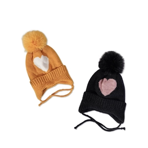 Toddler knitted earflap hat set with heart pattern and soft faux fur pom pom