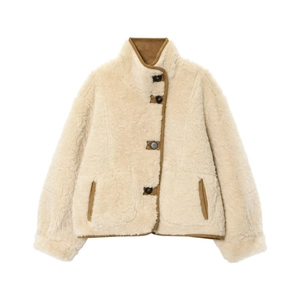 Damen Wendejacke aus cremeweißem Sherpa-Fleece mit brauner Paspelierung und Knöpfen