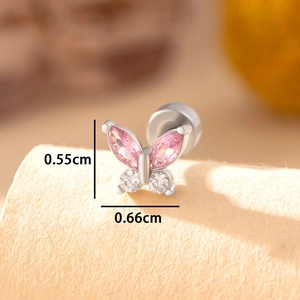 Butterfly stud earring with pink and clear crystals in stainless steel, 0.55cm by 0.66cm
