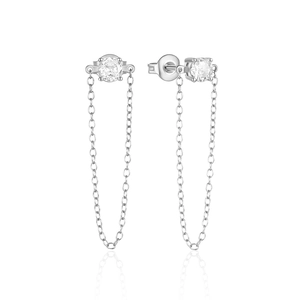 Macro detail of S925 sterling silver drop earrings with zircons and long tassels