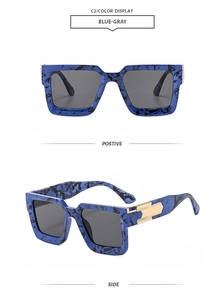 Detailed front and side view of blue-gray square sunglasses with marble pattern and gold metal