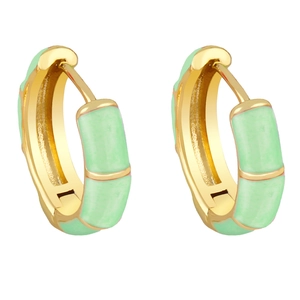Detail of gold bamboo-style hoop earrings with light green enamel drip glaze finish