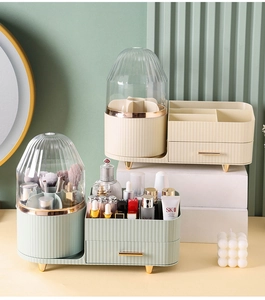 Detail view of rotating makeup organizer with clear dustproof dome and gold electroplated feet