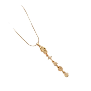 Elegant gold-plated multi-pendant necklace featuring Hamsa Hand and star charms
