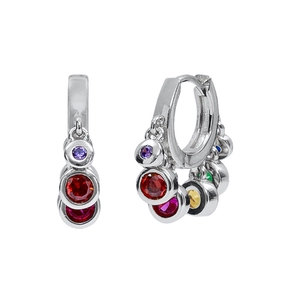 Silver hoop earrings featuring multi-colored zircon pendants in a circular cut style
