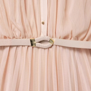 Elegant peach pink pleated midi dress with matching belt and soft chiffon texture