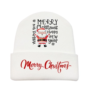 White Christmas knitted beanie hat with Santa cartoon and Merry Christmas print