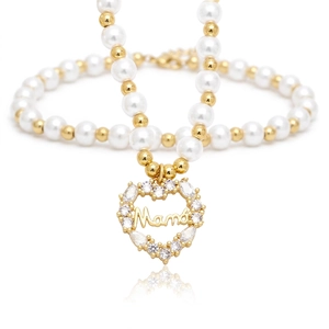 Star heart MAMA pearl necklace with gold beads and sparkling heart pendant for women