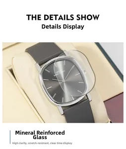 Detail of ultra-thin oval watch featuring scratch-resistant mineral glass and grey leather