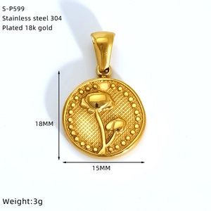Macro view of 15mm 18K gold plated 304 stainless steel double-sided floral pendant